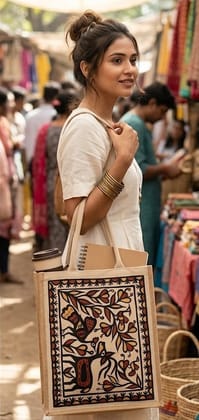 Jute Tote Bag with Traditional Indian Folk Art Print Jute Tote Bag with Traditional Indian Folk Art Print