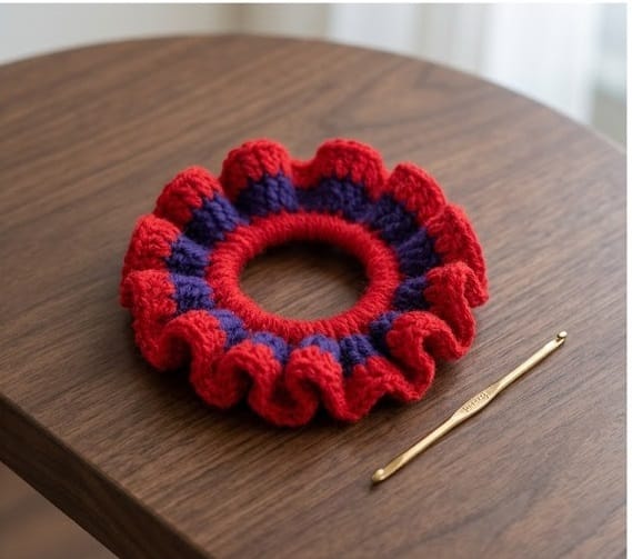 Handmade Red and Purple Ruffled Crocheted Hair Scrunchie