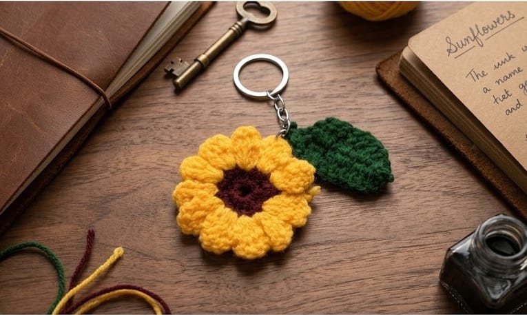 Handmade Crochet Sunflower Keychain with Leaf, Bag Charm Gift