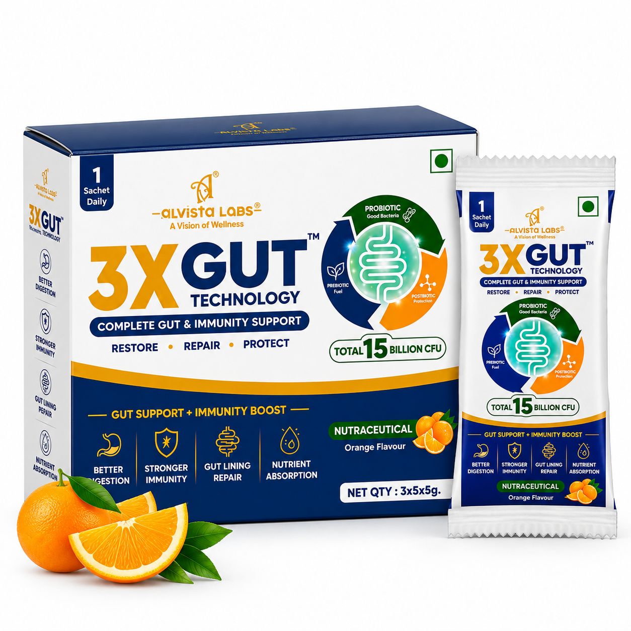 Alvista Labs 3X Gut Technology Probiotic Supplement (Orange Flavour)