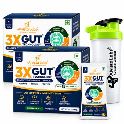 Alvista Labs 3X GUT TECHNOLOGY Complete Gut & Immunity Support Supplement - 15 Sachets With Free Shaker