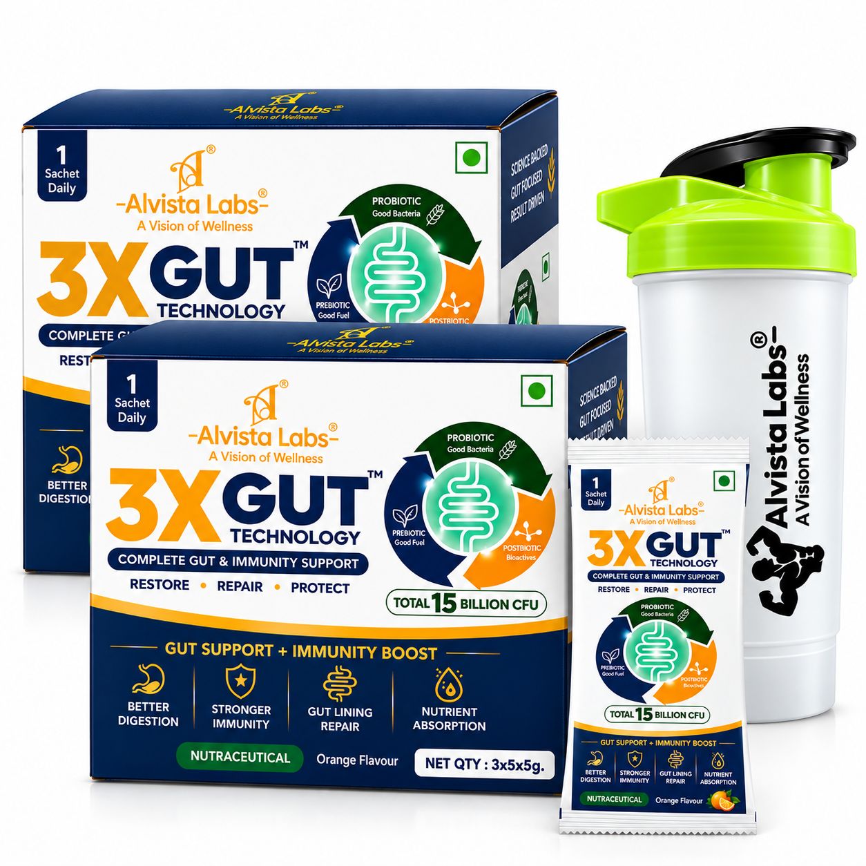 Alvista Labs 3X GUT TECHNOLOGY Complete Gut & Immunity Support Supplement - 15 Sachets With Free Shaker