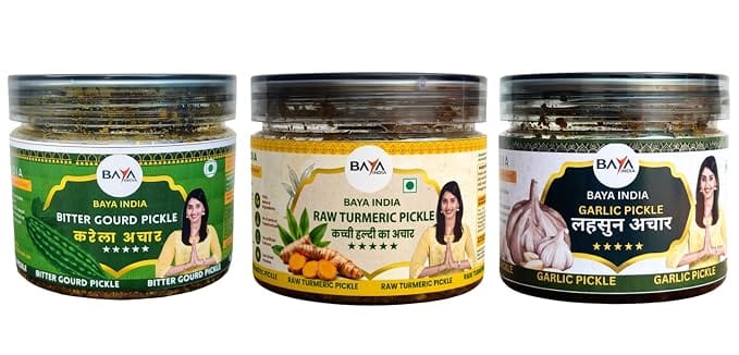 Baya India Healthy Trio Pickle Combo (750g) | Kacchi Handi, Karela & Garlic (Lehsun) Pickle | 250g Each | Traditional Homemade Taste | No Artificial Preservatives