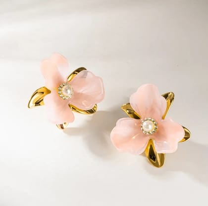 Peach Flower Pearl Stud Earrings for Women