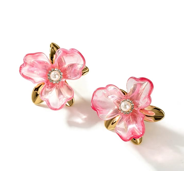 Pink Flower Pearl Stud Earrings for Women