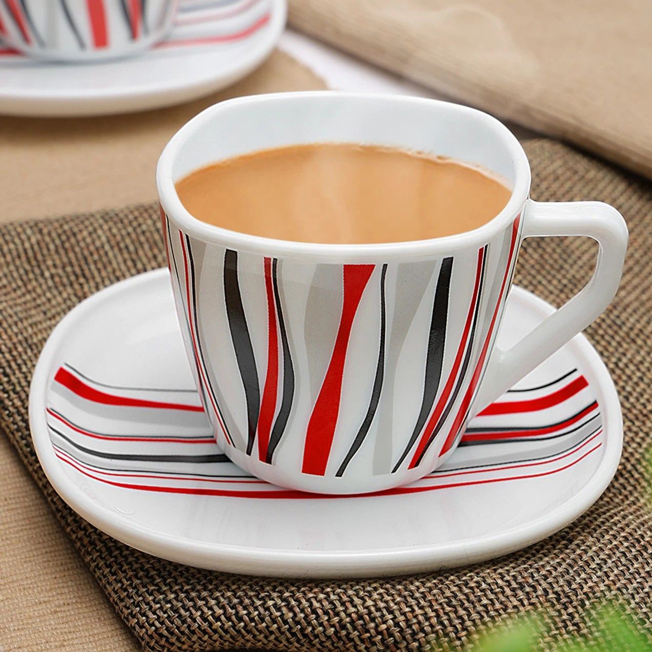 Larah by BOROSIL Pack of 12 Opal ware Rio Red Cup and Saucer Square Set , 220ml