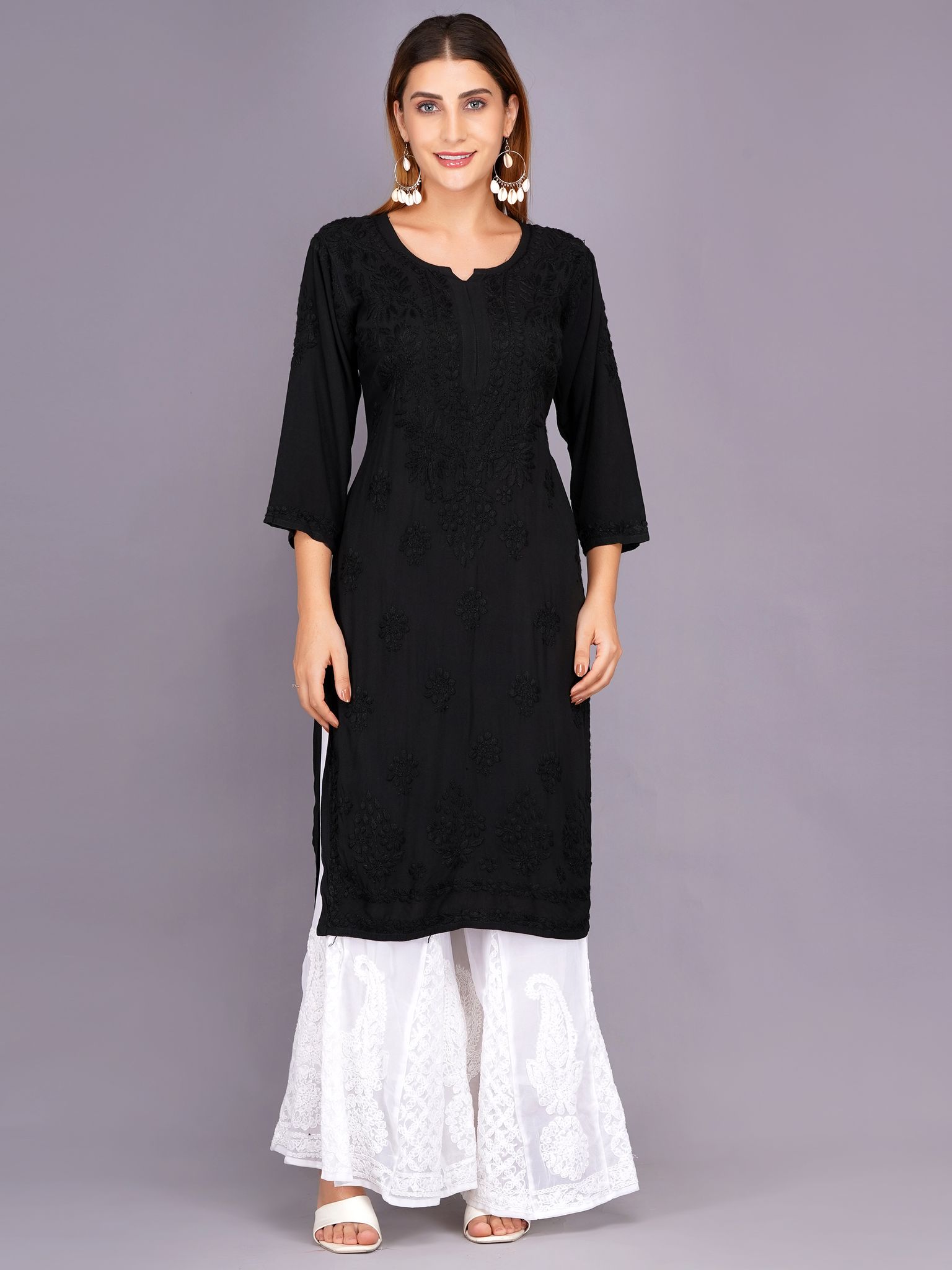 Mrs Right Women's Handcrafted Lucknow Chikankari Top | Premium 22 Kg Reyon Fabric |Black Embroidered Casual Ethnic Kurti