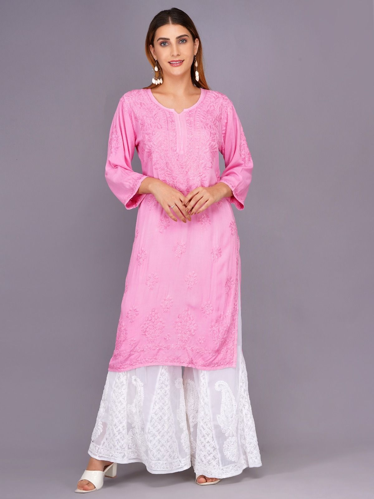Mrs Right Women's Handcrafted Lucknow Chikankari Top | Premium 22 Kg Reyon Fabric |Pink Embroidered Casual Ethnic Kurti