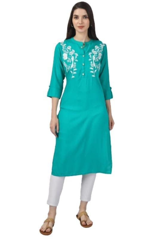 Women's Embroidered Calf Length Rayon Kurti (Turquoise, XL)-PID46338