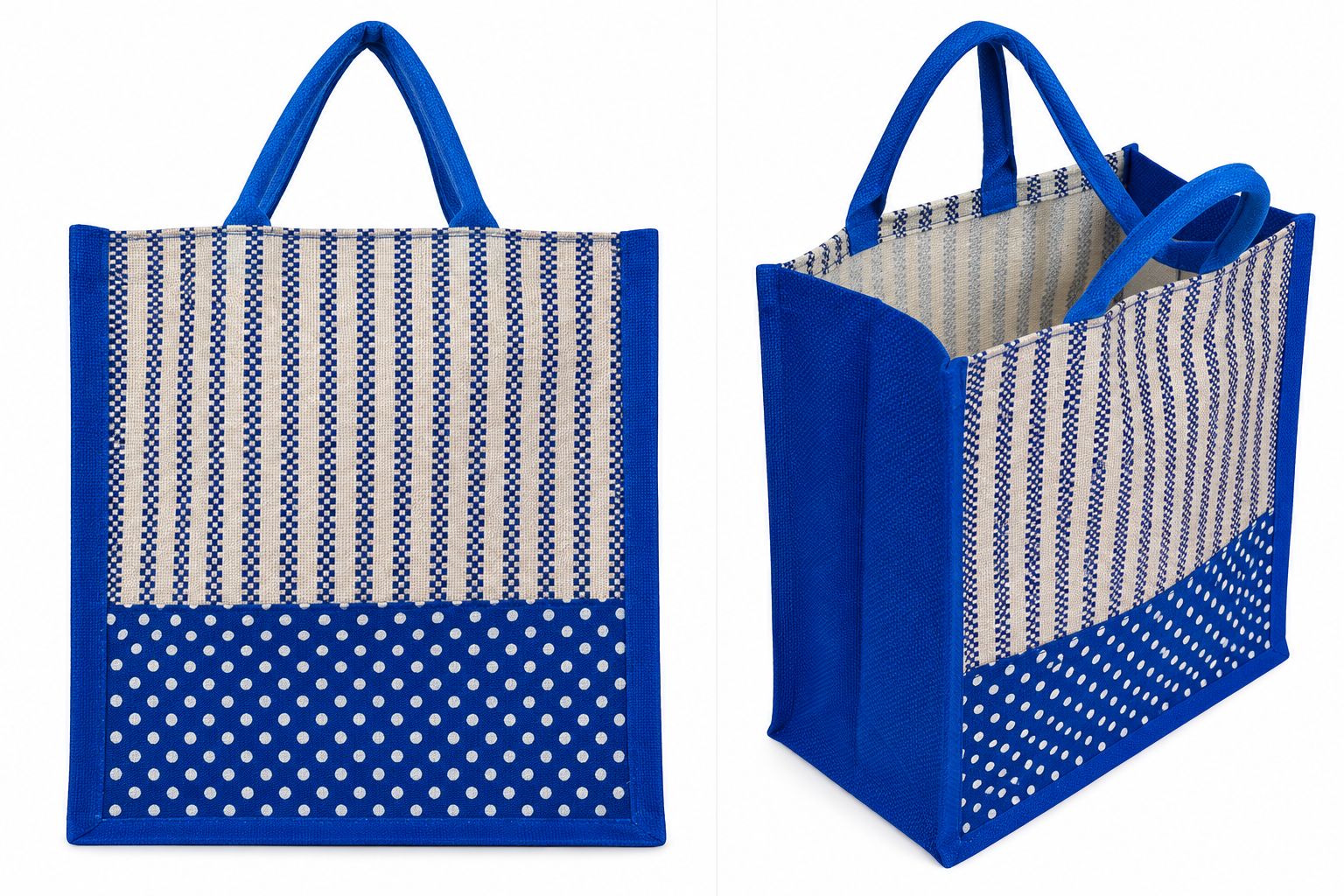 Eco-Friendly Blue Jute Tote Bag with Stripe and Polka Dot Print