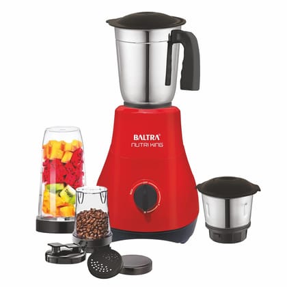 Baltra Nutri King Mixer Grinder for Kitchen - 4 Jars 550 Watt Mixie - 2 Nutri bullet Jars for Smoothie & Blending, Chutney Jar & Liquidizing Jar used as Wet Grinder & Blender - Stainless Steel Blades