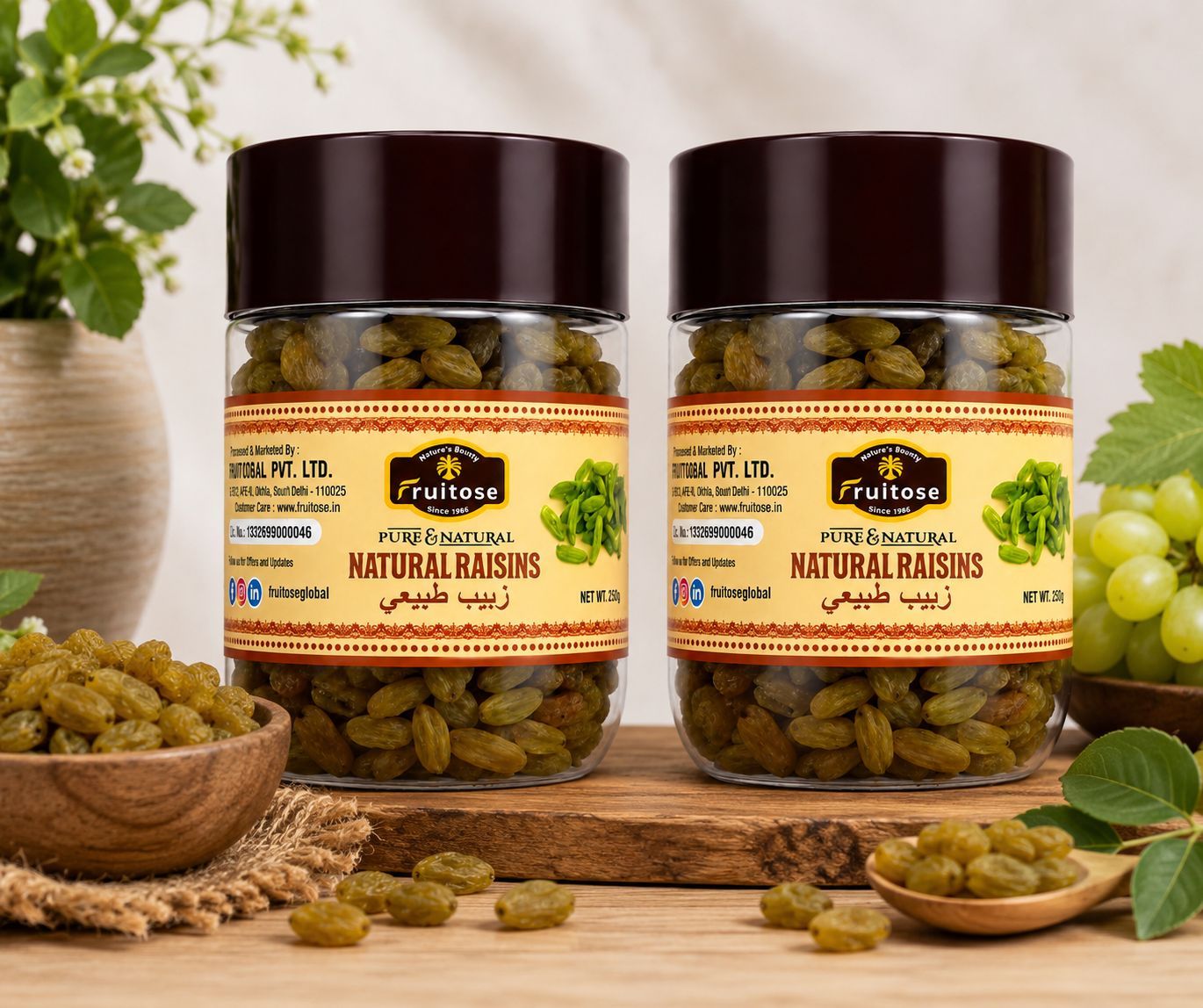 Fruitose Pure & Natural Raisins - Pack of 2 Jars (250g each)