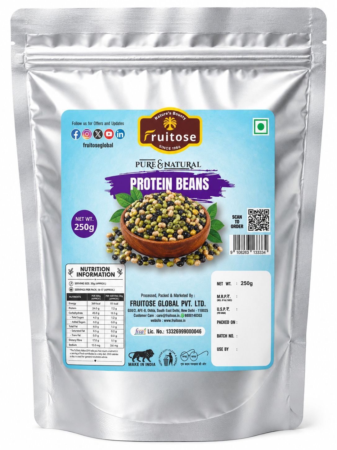 Fruitose Pure & Natural Protein Beans 250g Pouch