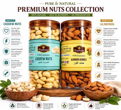Fruitose Global Pvt. Ltd. Pure & Natural Cashew Nuts & Almonds Kernels 500g Each (Pack of 2)