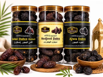 Fruitose Premium Dates Combo - Kalmi, Medjool & Ajwa (3 Jars 500gx3)