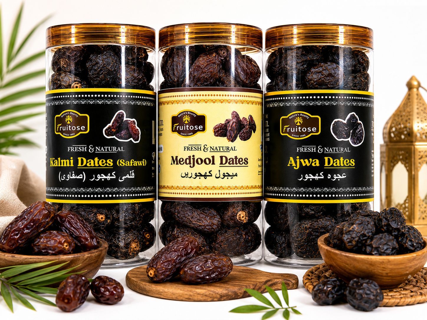 Fruitose Premium Dates Combo - Kalmi, Medjool & Ajwa (3 Jars 500gx3)