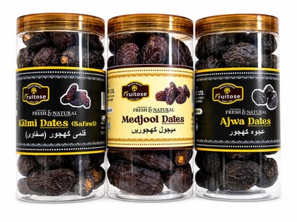 Fruitose Premium Dates Combo - Kalmi, Medjool & Ajwa (3 Jars 500gx3)