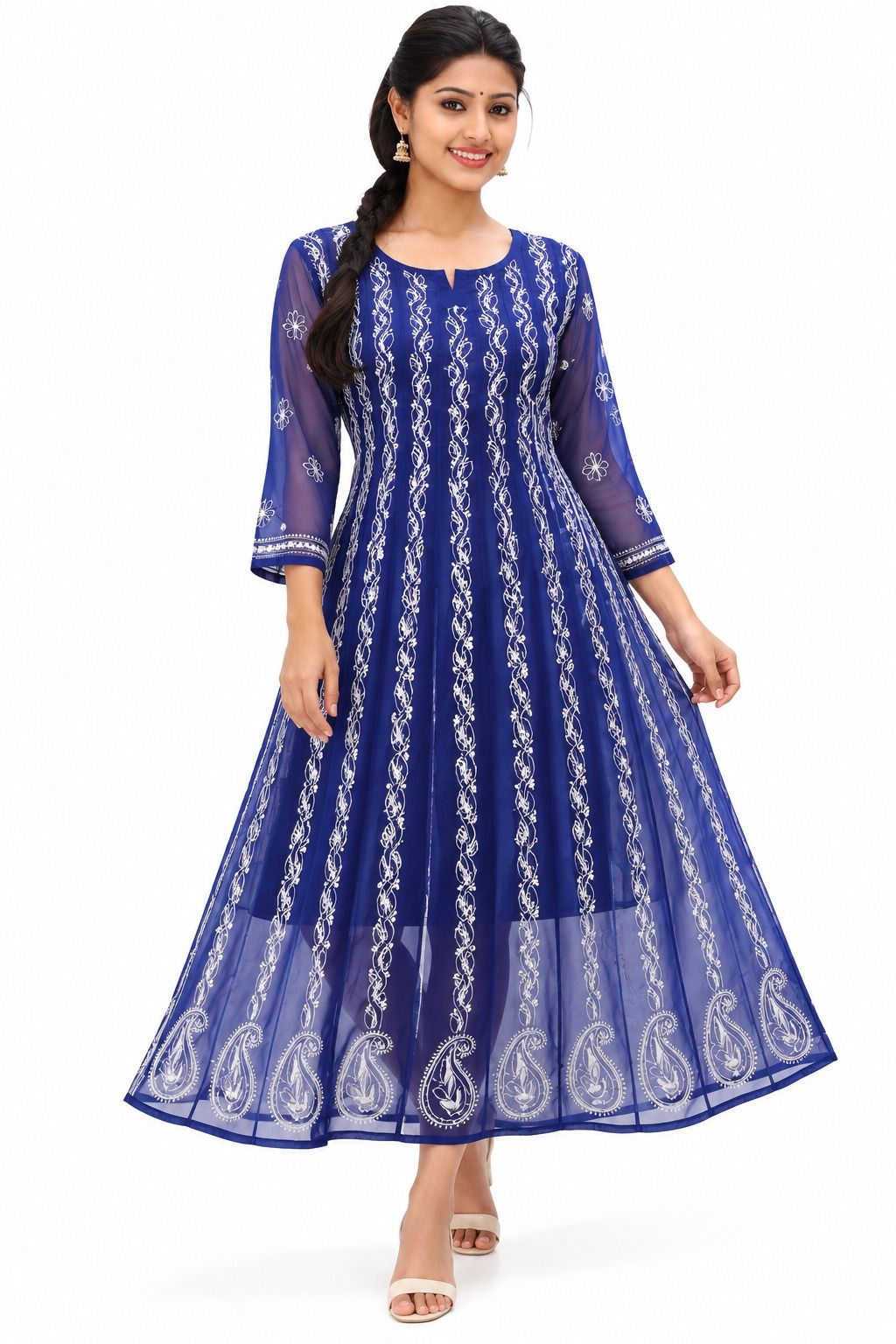 Mrs Right Women’s Lucknowi Chikankari Anarkali Kurta in Soft Georgette | Handcrafted Floral Embroidery | 3/4 Sleeves | 45 Inch Length | 74 Inch Flare | Festive Ethnic Wear