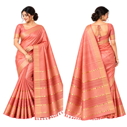 Women’s Peach Pink Silk Blend Saree with Golden Zari Border, Traditional Woven Design and Tassel Pallu | Elegant Festive, Wedding & Party Wear Saree