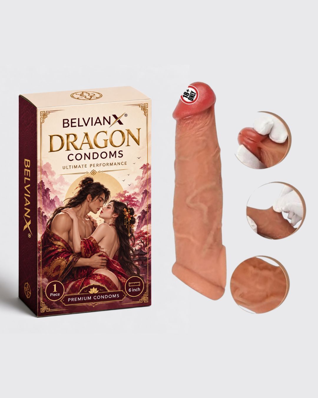 Premium Dragons Condom, 6 Inch, Silicone, Natural Color, Extra Pleasure, Textured, Unflavored, for Men