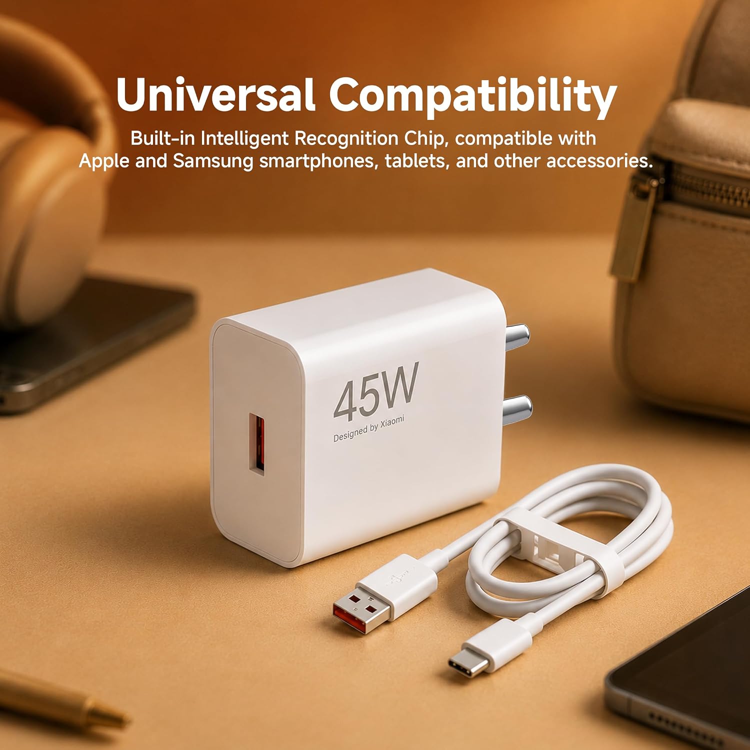 Mi Xiaomi Original 45W Turbo Fast Charger Combo/Rapid Charging with Qualcomm Quick Charge 3.0. Includes USB Type-C 3A Fast Charge Cable. Compatable with mobiles, laptops, and Power Banks (White)