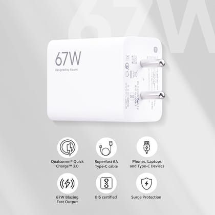  Xiaomi 67W Fast Charger Combo/Rapid Charging with Qualcomm Quick Charge 3.0. Includes USB Type-C 6A Fast Charge Cable. Compatable with mobiles, laptops, and Power Banks (White)