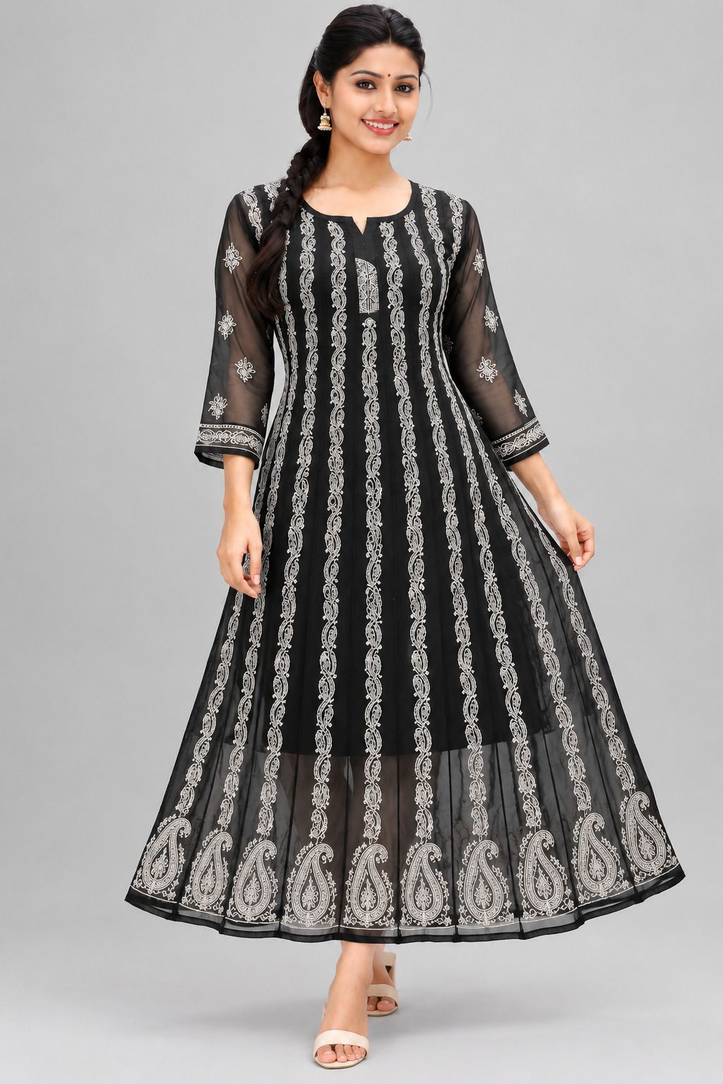 Mrs Right Women’s Lucknowi Chikankari Anarkali Kurta in Soft Georgette | Handcrafted Floral Embroidery | 3/4 Sleeves | 45 Inch Length | 74 Inch Flare | Festive Ethnic Wear