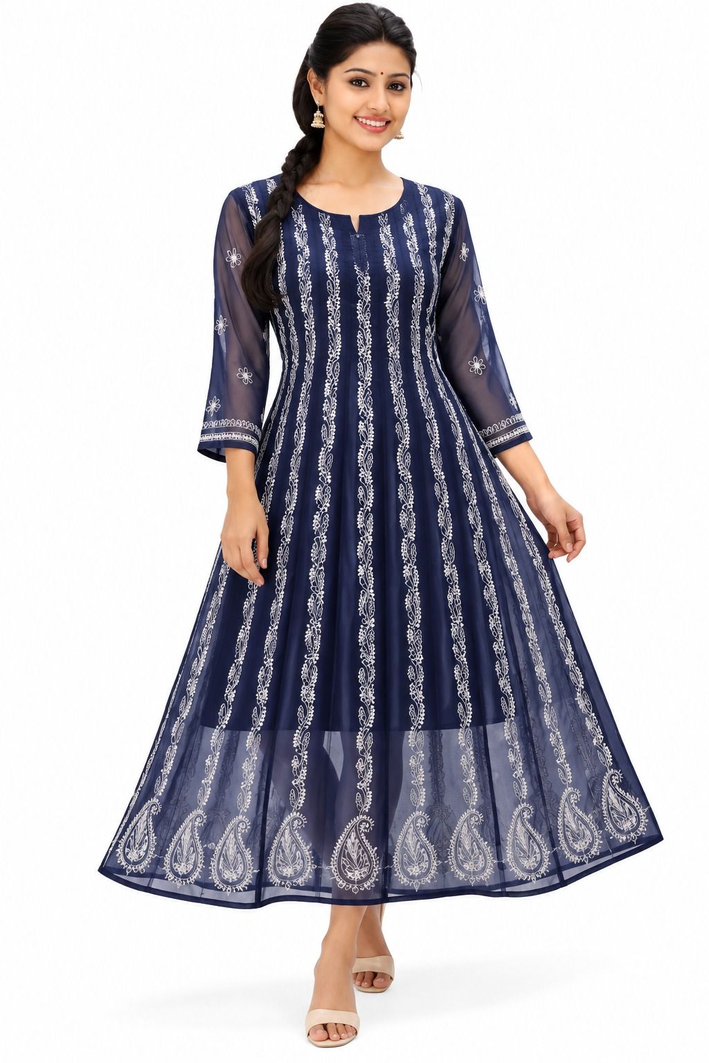 Mrs Right Women’s Lucknowi Chikankari Anarkali Kurta in Soft Georgette | Handcrafted Floral Embroidery | 3/4 Sleeves | 45 Inch Length | 74 Inch Flare | Festive Ethnic Wear