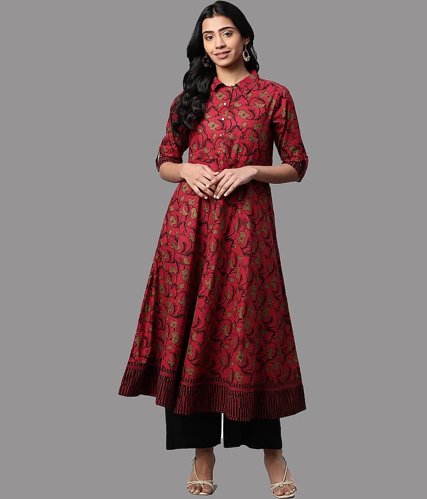 Yash Gallery - Maroon Cotton Women's Flared Kurti ( Pack of 1 )