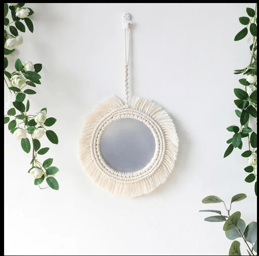 Handmade Macrame Round Wall Mirror with Fringe, Boho Decor
