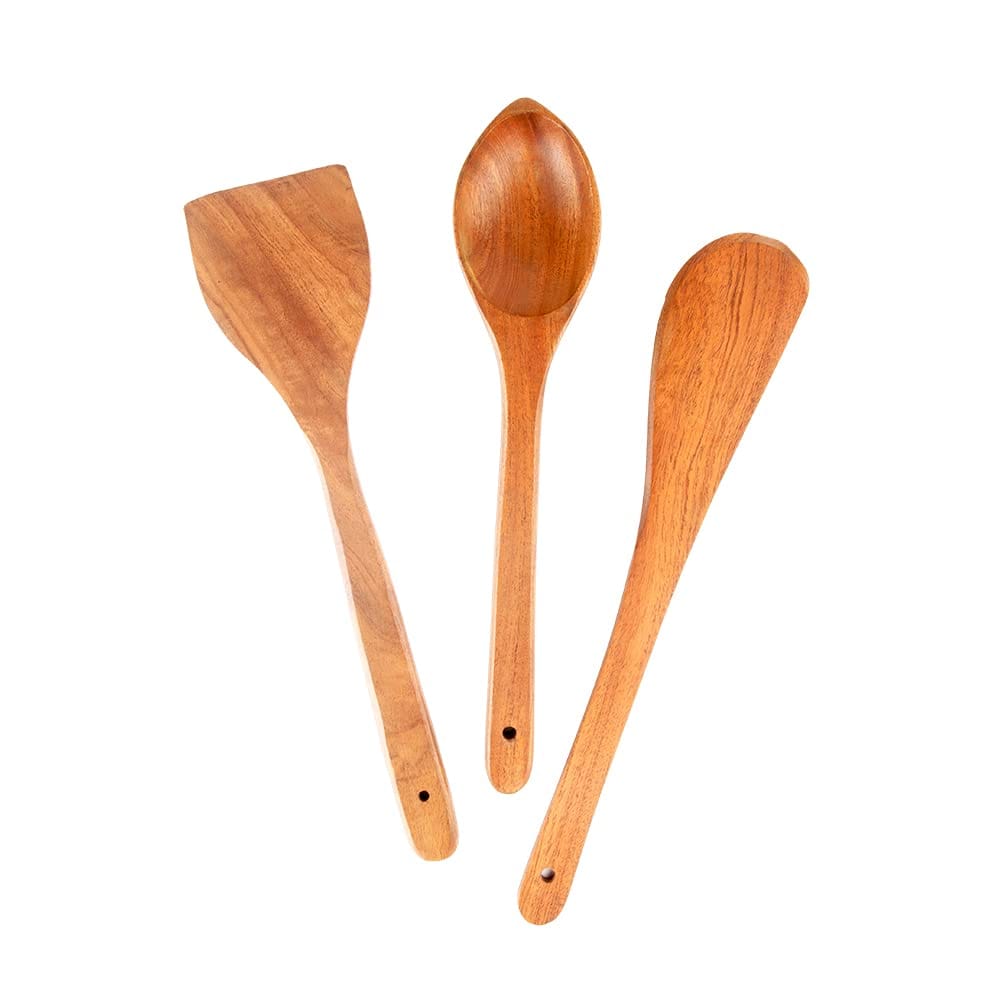 Borosil Organic Neem Wood Cooking Spoons, 100% Organic, for Cooking & Serving, Set of 3