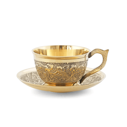 Pure Brass Embossed Design Set of 1 Cup & Saucer, Serving Tea Coffee, Tableware, Volume- 150 ML