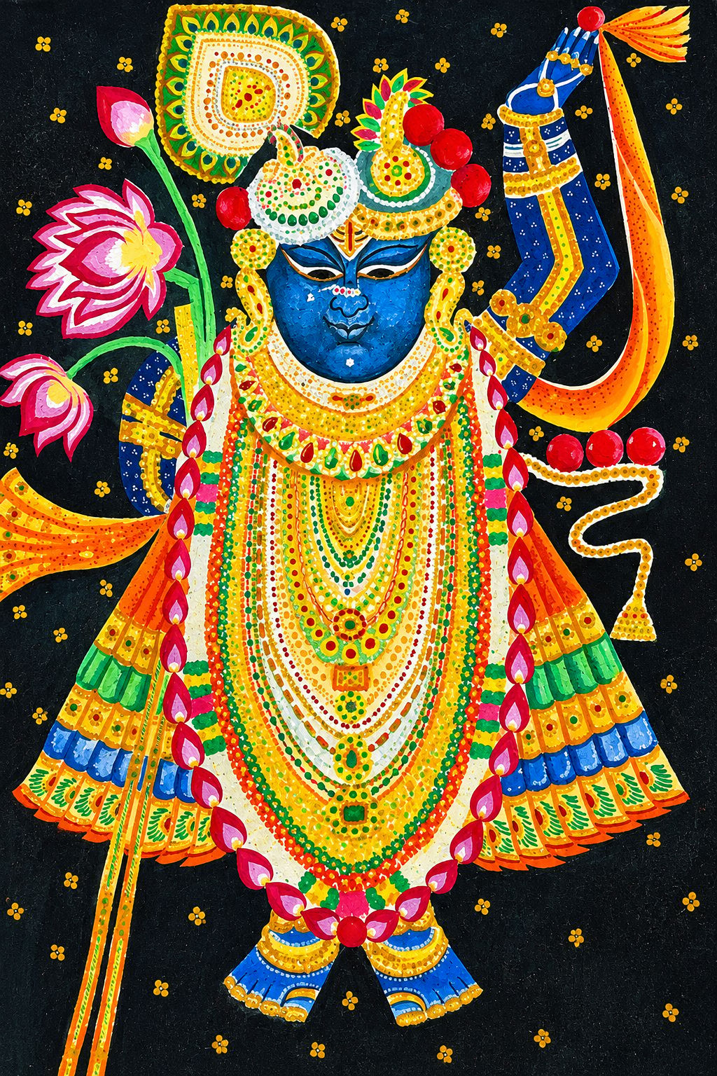 Original Watercolor Hand-Painted Shrinathji Krishna Artwork with Dark Wooden Frame and Red Inner Border