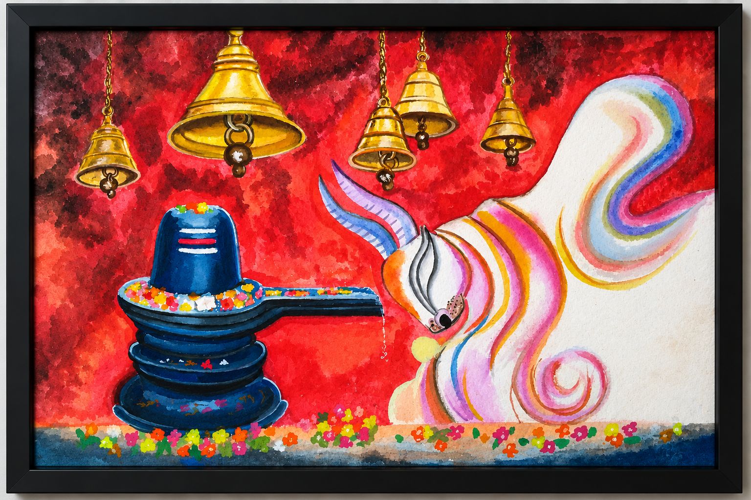 Original Hand-Painted Shivling and Nandi Watercolour Painting with Frame