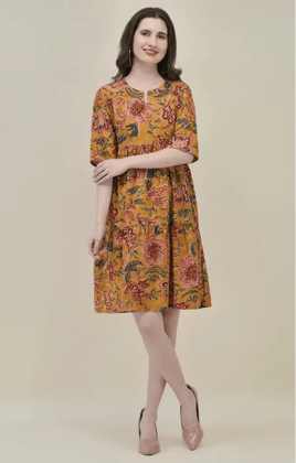 Mustard Yellow Hand-Block Floral Frill Dress Mustard Yellow Hand-Block Floral Frill Dress