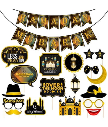 Zyozi  Eid Mubarak Photo Booth Props with Ramadan Mubarak Banner Ramadan Mubarak Photo Props Party Supplies Decoration for Eid Mubarak Muslim Themed Party (Pack of 18)