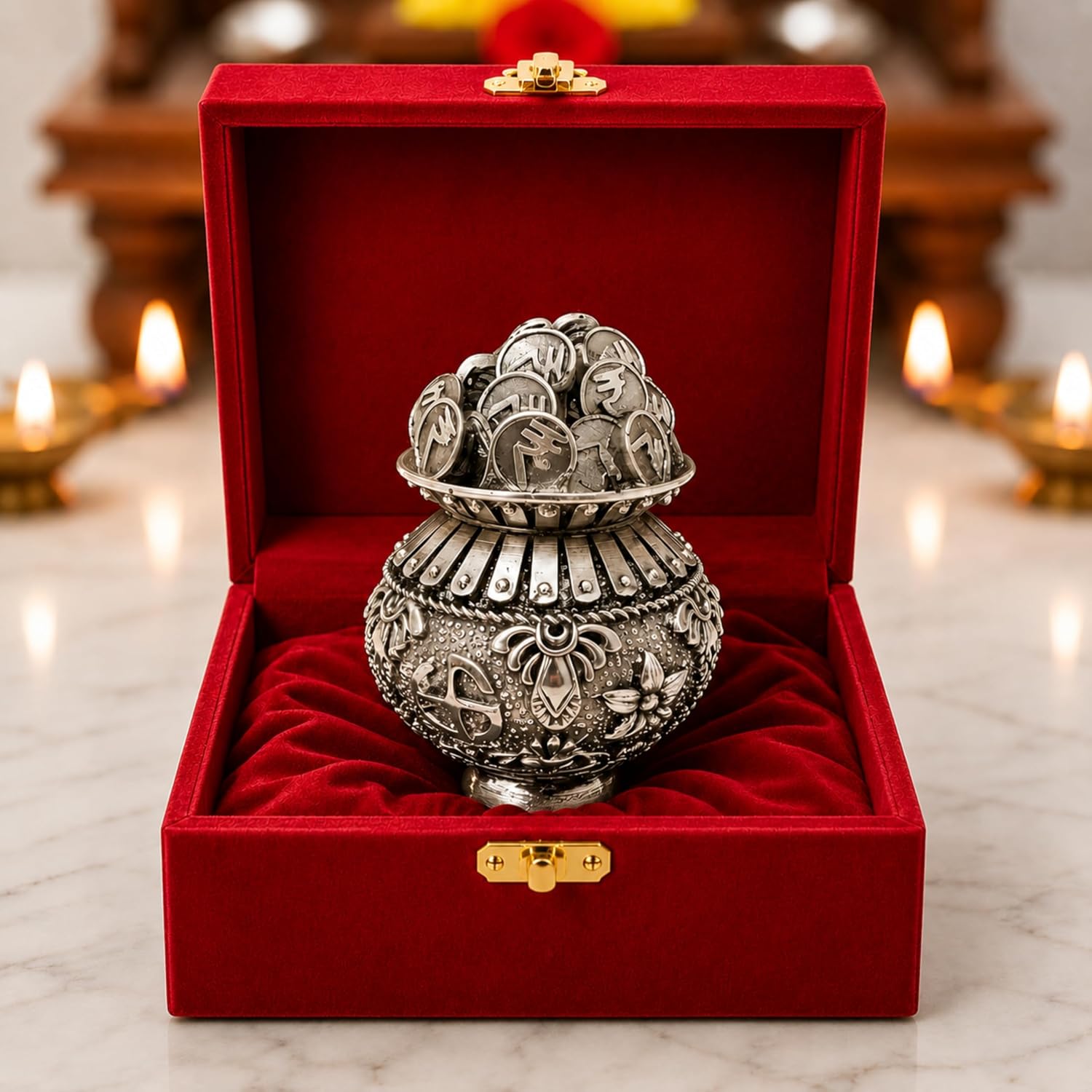 999 Silver Plated Kuber Kalash Idol with Coin Design | Laxmi Kubera Kalasam for Pooja Room, Mandir, Home Decor, Diwali Puja & Festive Gifting (2.5 Inch)
