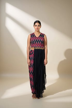 BLACK & MAROON IKAT CO-ORD SET WITH WOODEN RING DETAIL