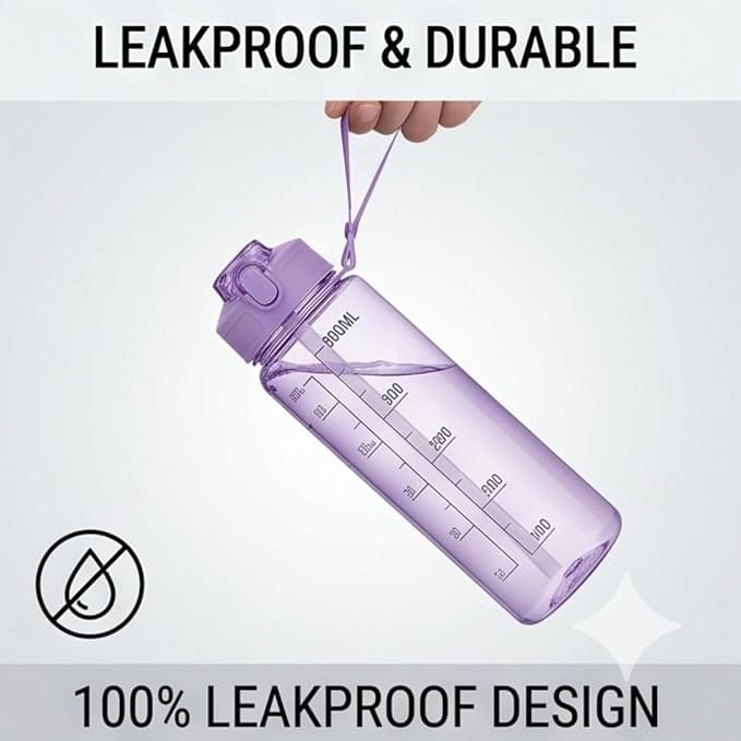 900 Ml Capacity Water Bottle Transparent Water Bottles with Time Marker Leak proof & break-proof 