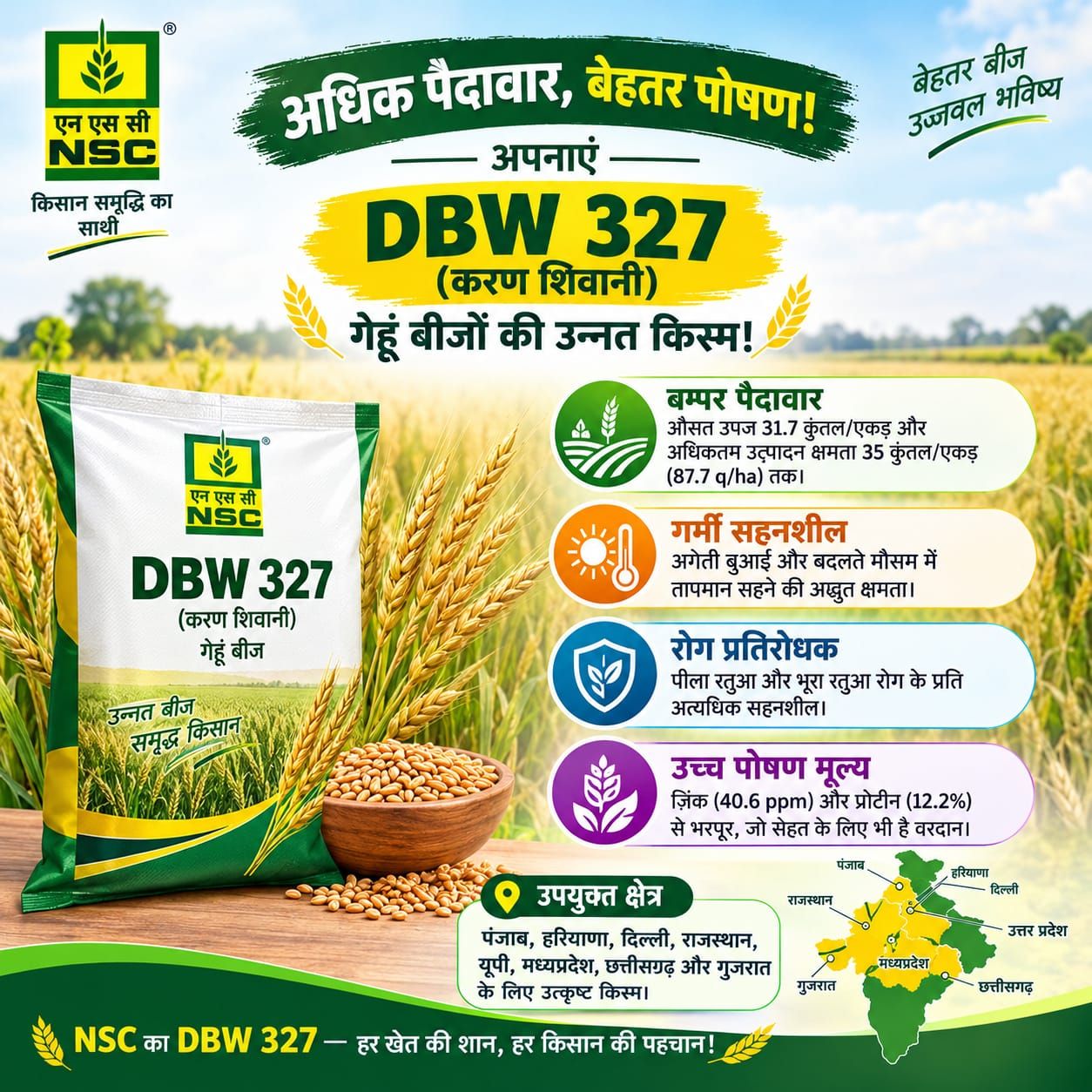 NSC Wheat DBW-327, 40 Kg Certified Seed