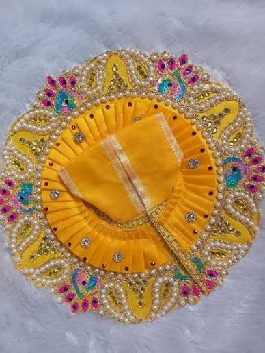 Handcrafted Yellow Laddu Gopal Poshak with Pearl and Peacock Work