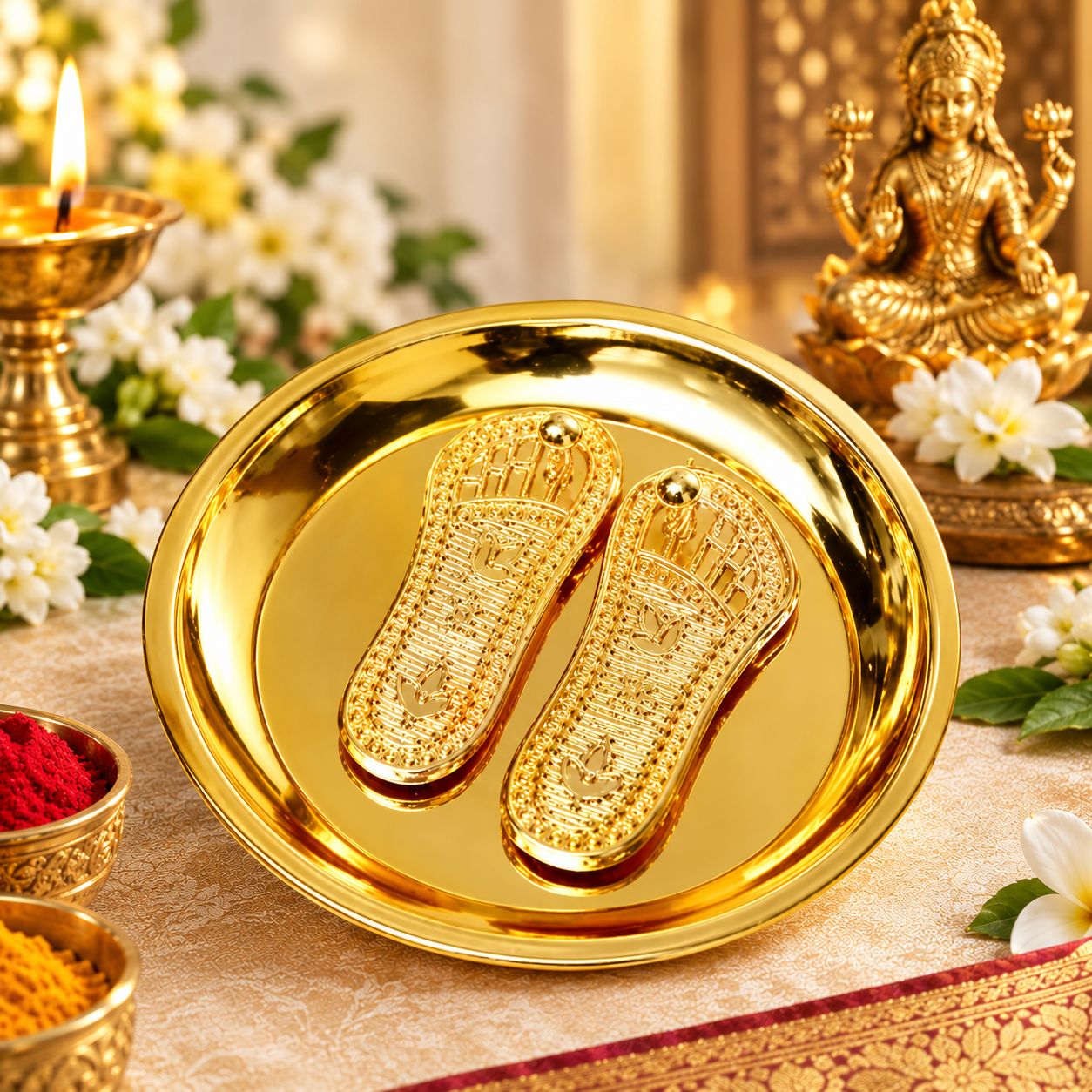 DHRUVINSRI hree Lakshmi Charan Paduka Gold Plated with Brass Plate – Divine Blessings for Laxmi Pooja, Diwali and Prosperity-1 set