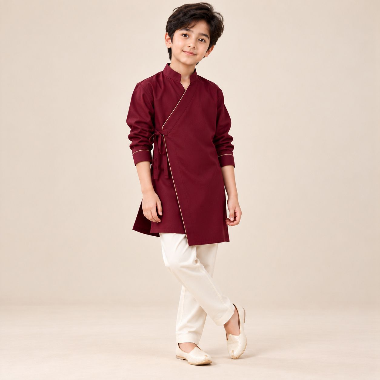 Boy's Maroon Overlap Style Kurta & Pajama Set