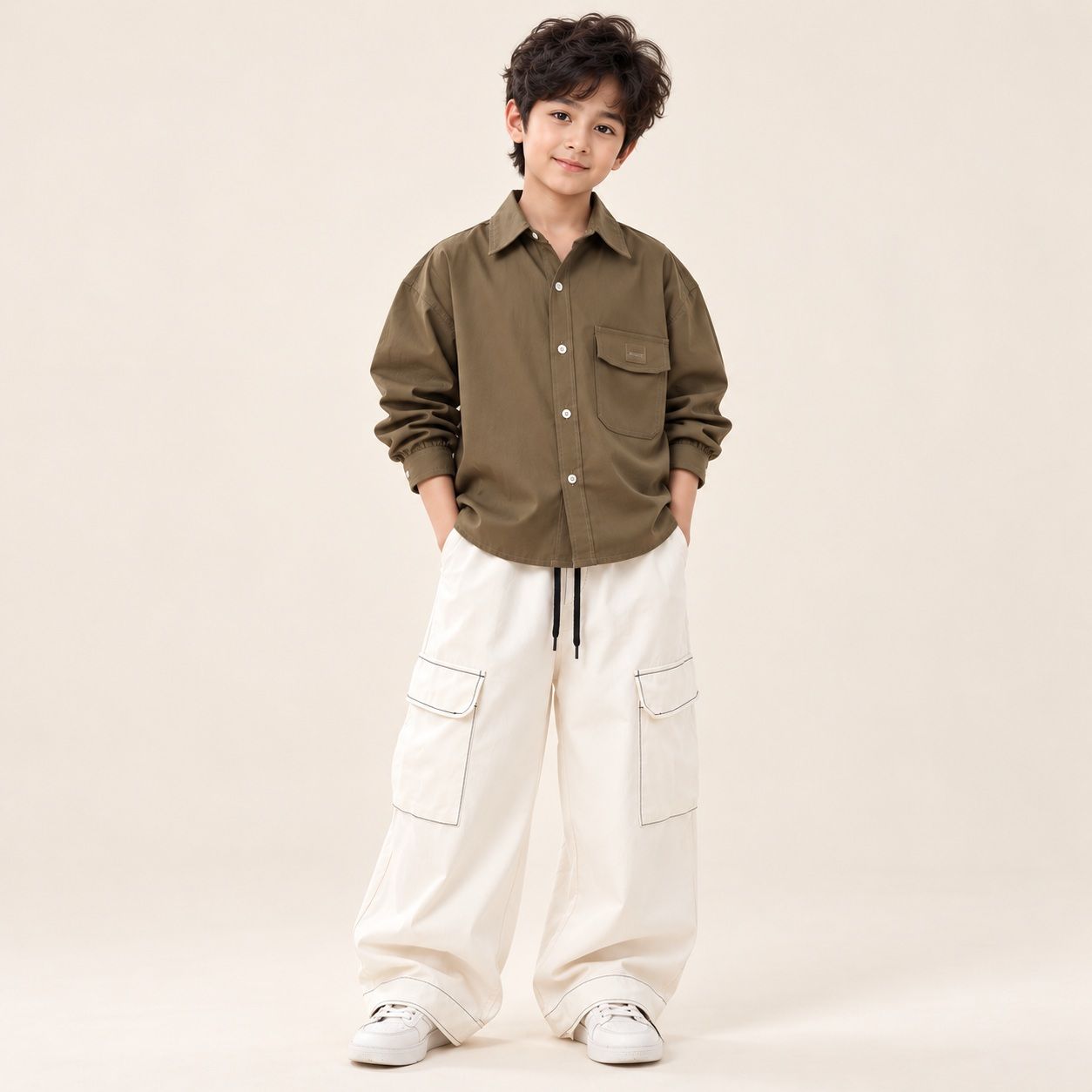 Boy's Olive Green Shirt and Cream Cargo Pants Outfit Set