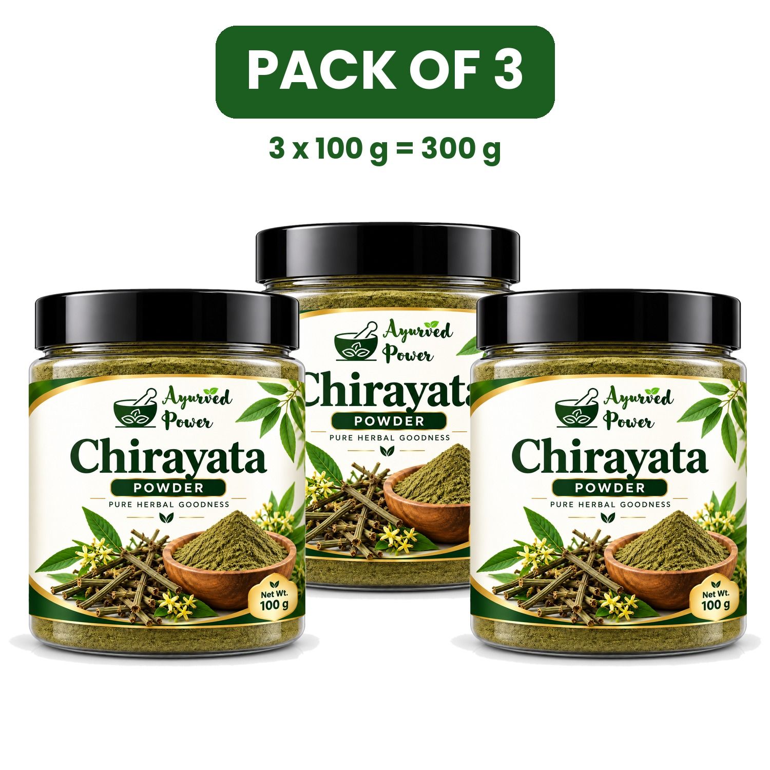 Ayurved Power Chirayata Powder 300g (Pack of 3 x 100g) - Pure Chirata / Swertia Chirata Churna for Liver Health, Digestion & Detox | Ayurvedic Herbal Powder