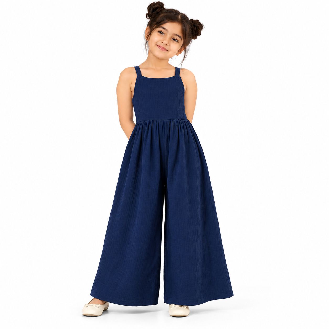 Girls Navy Blue Wide-Leg Sleeveless Jumpsuit with Crisscross Back