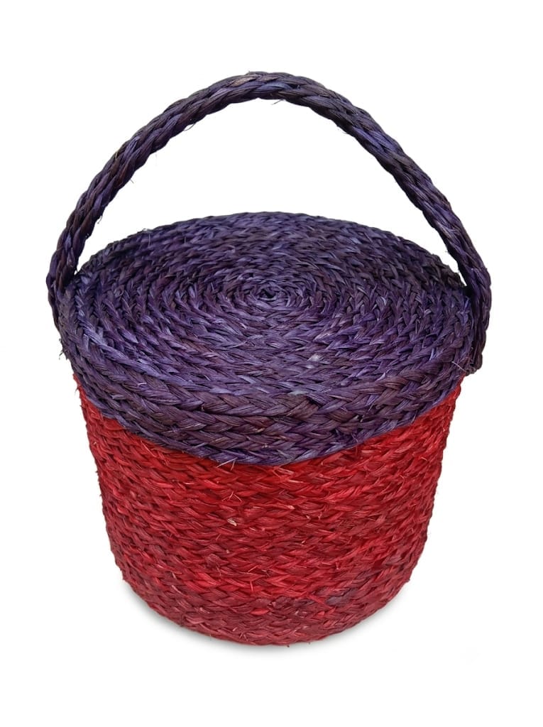 Handmade Sabai Grass Dustbin with Lid for Dry Waste - Office Use - Red & Blue