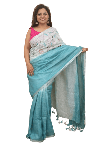 Linen Half & Half Embroidery Saree