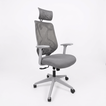 Grey High-Back Ergonomic Office Chair with Adjustable Headrest and Armrests