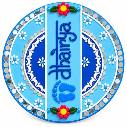 Ayodhya Lippan Art and Candle Store Blue Shubh Labh Decorative Wall Plate with Mirror Work, Floral Motifs and Traditional Home Décor Design